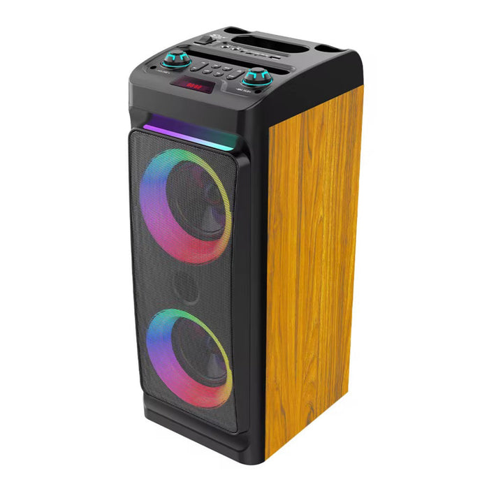 Portable speaker with wooden finish and RGB lighting on a white background