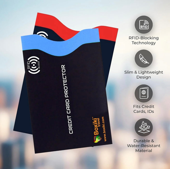 Black credit card protector with red and blue accents, featuring Boxiki branding and RFID-blocking technology.