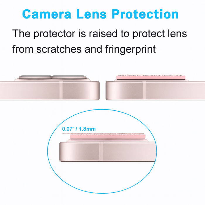 Camera lens protector with text explaining its function on a white background