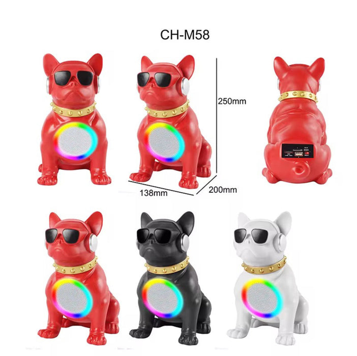 Red, black, and white dog-shaped speakers with sunglasses on a white background