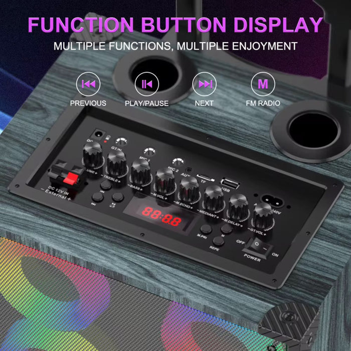 Audio control panel with buttons and display on a colorful background