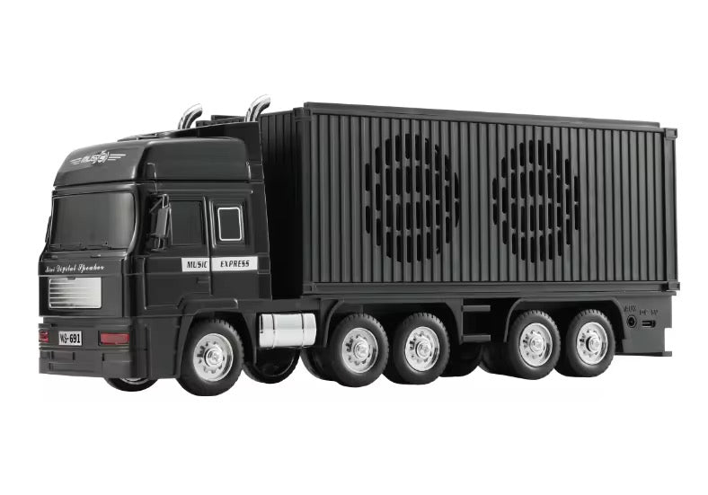 Black model truck with a trailer on a white background