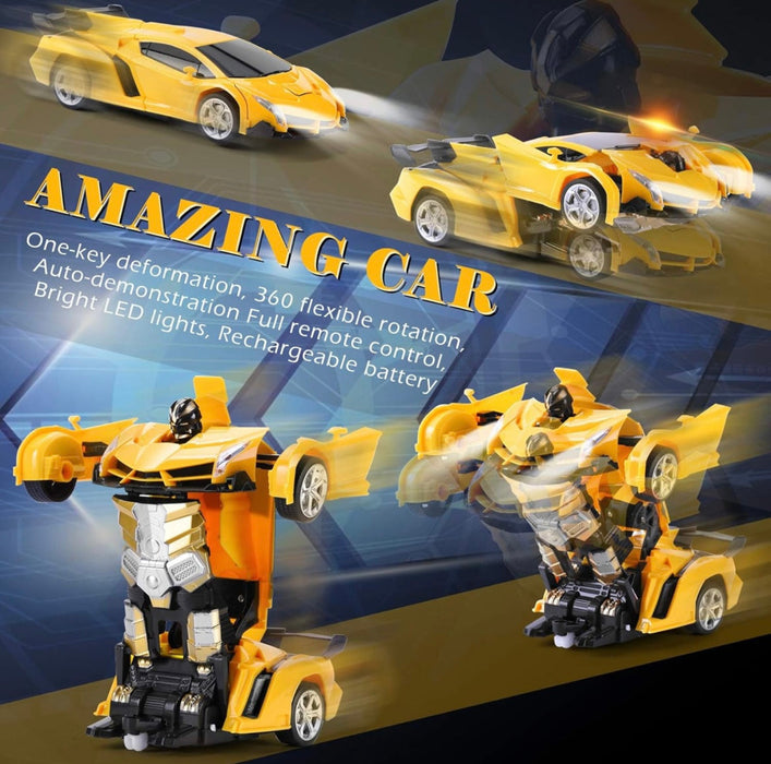 Transforming toy car with robot and car modes on a blue and yellow background