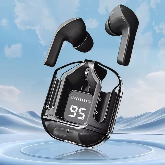 Black wireless earbuds with charging case on a blue sky background