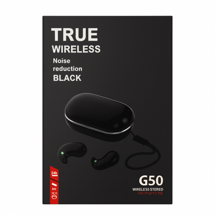 Black packaging of True Wireless earbuds with 'Noise reduction' and 'Black' text.