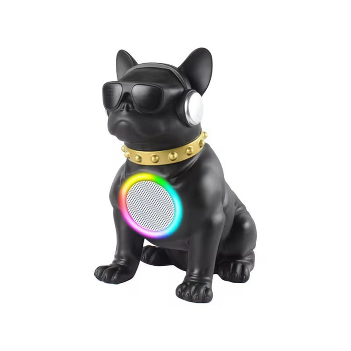 Black dog-shaped speaker with sunglasses and a colorful light on a white background