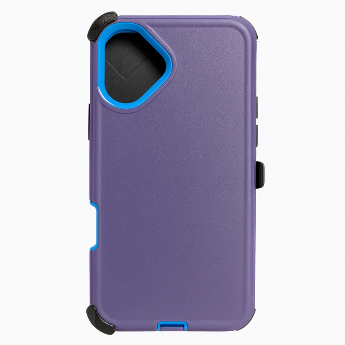 Purple phone case with black and blue accents on a white background