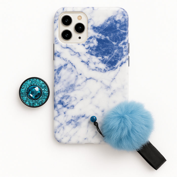 Blue Marble Case with Teal PopSocket & Blue Pom-Pom – iPhone 11 Pro Max