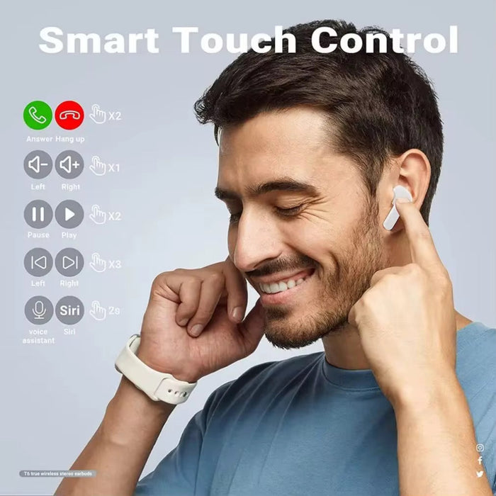 Man using wireless earbuds with smart touch control interface displayed on screen