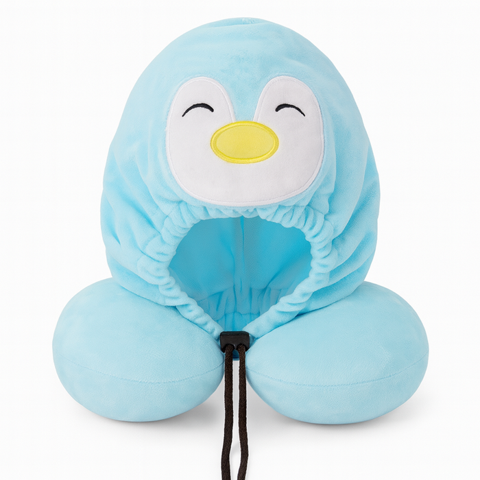 Blue penguin-shaped neck pillow on a white background