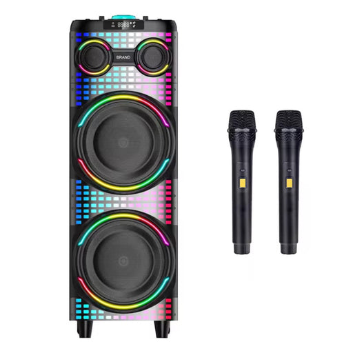 Multicolored speaker with two wireless microphones on a white background