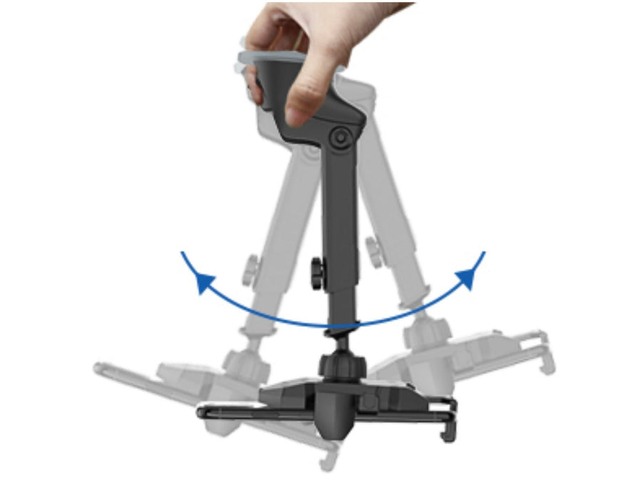 Tripod with adjustable legs being held by a hand on a white background