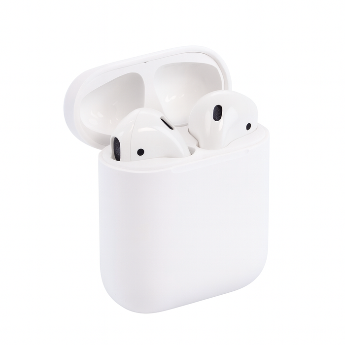 White wireless earbuds in a charging case on a white background