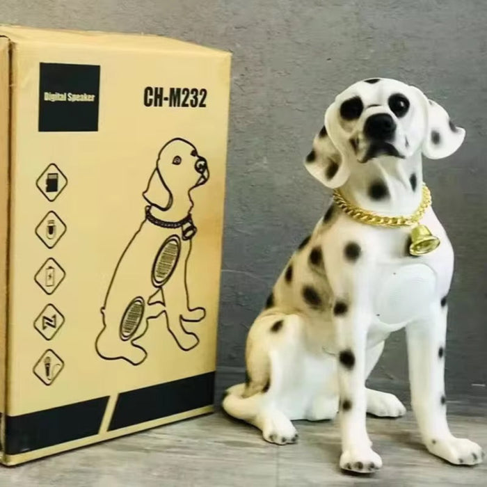 Dog figurine with a gold collar next to a product box labeled CH-M232 on a gray background