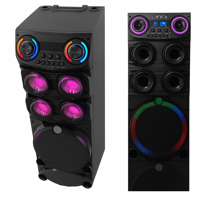 Black speaker with colorful LED lights on a white background