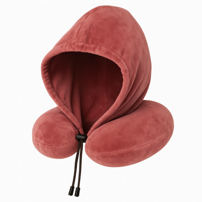 Red velvet travel pillow with a hood on a white background