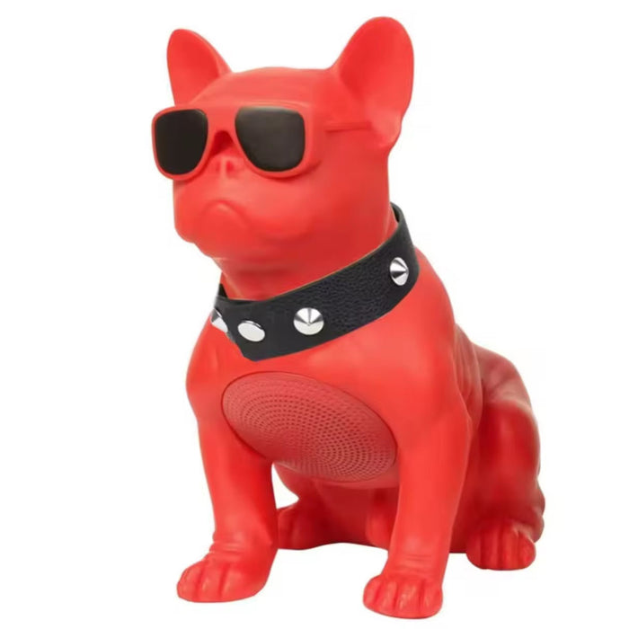 Red dog-shaped speaker with sunglasses and a collar on a white background