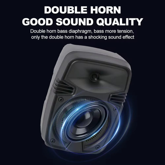 Speaker with double horn design on a black background, highlighting sound quality features.