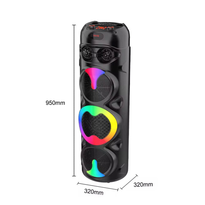Black portable speaker with RGB lighting and measurements on a white background