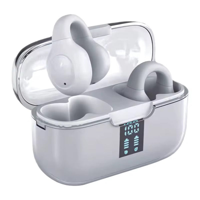 White wireless earbuds with charging case on a white background