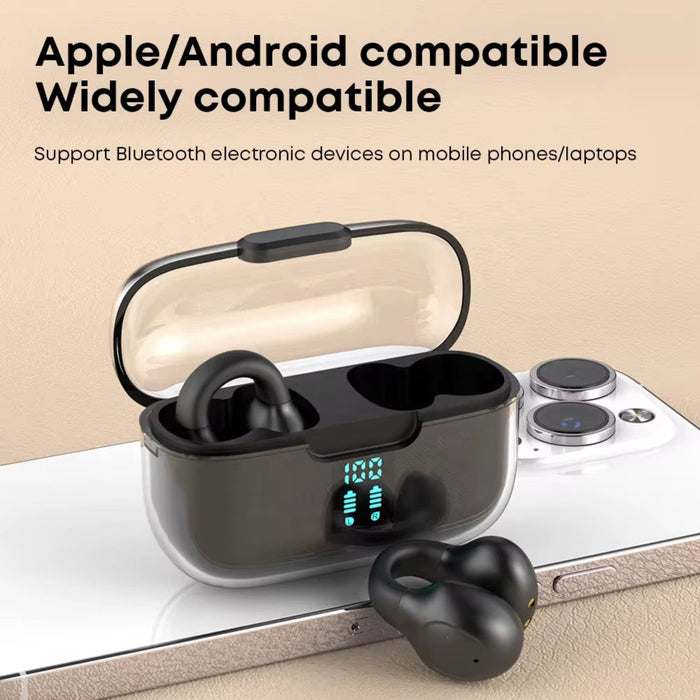 Black wireless earbuds with charging case on a beige background