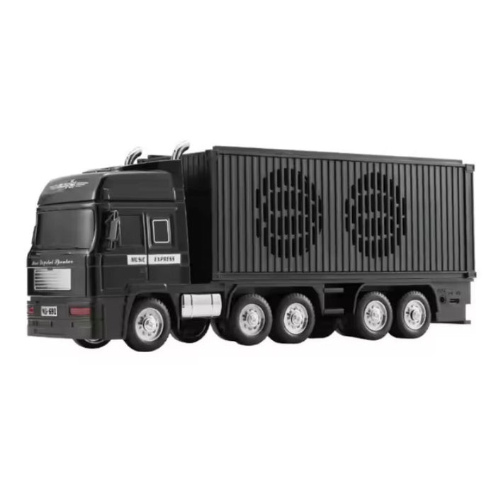 Black toy truck with a container on a white background