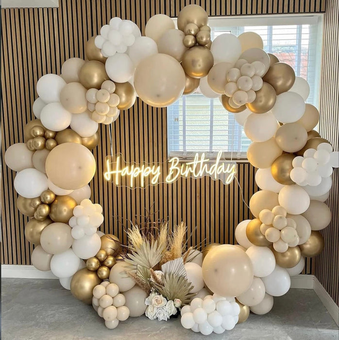 Luxury Champagne & White Happy Birthday Balloon Garland Kit – 65 pcs