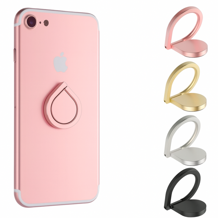 Phone with pink ring holder and additional holders in gold, silver, and black on a white background