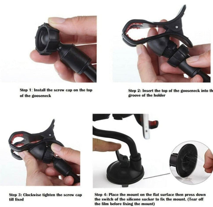 Step-by-step guide on how to install a car mount with close-up shots of hands performing each step.