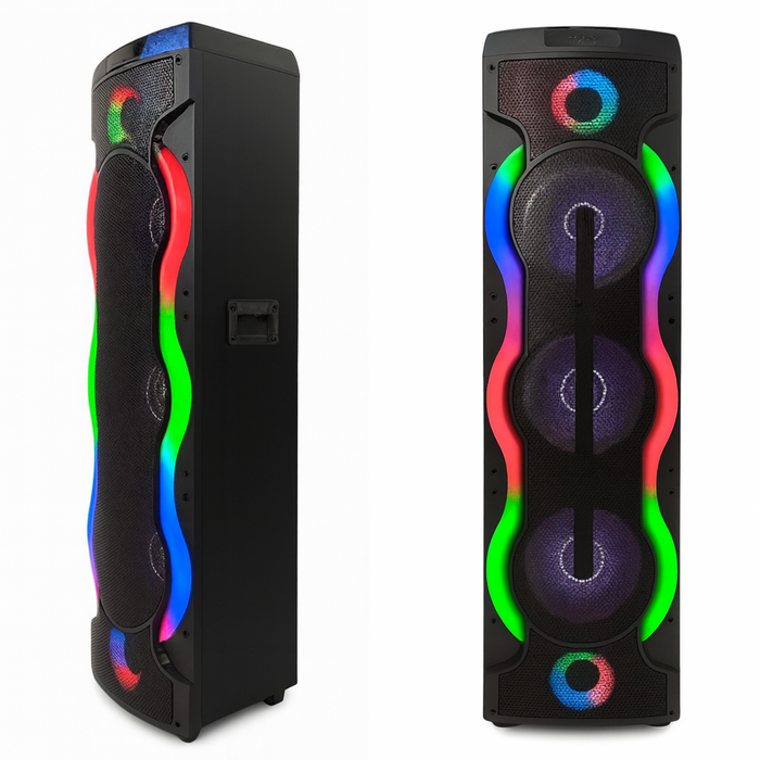 Black speakers with colorful LED lights on a white background
