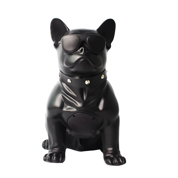Black dog-shaped speaker with sunglasses on a white background