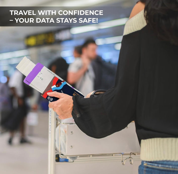Person holding a smartphone with travel documents in an airport setting, with text 'Travel with Confidence - Your Data Stays Safe!'.