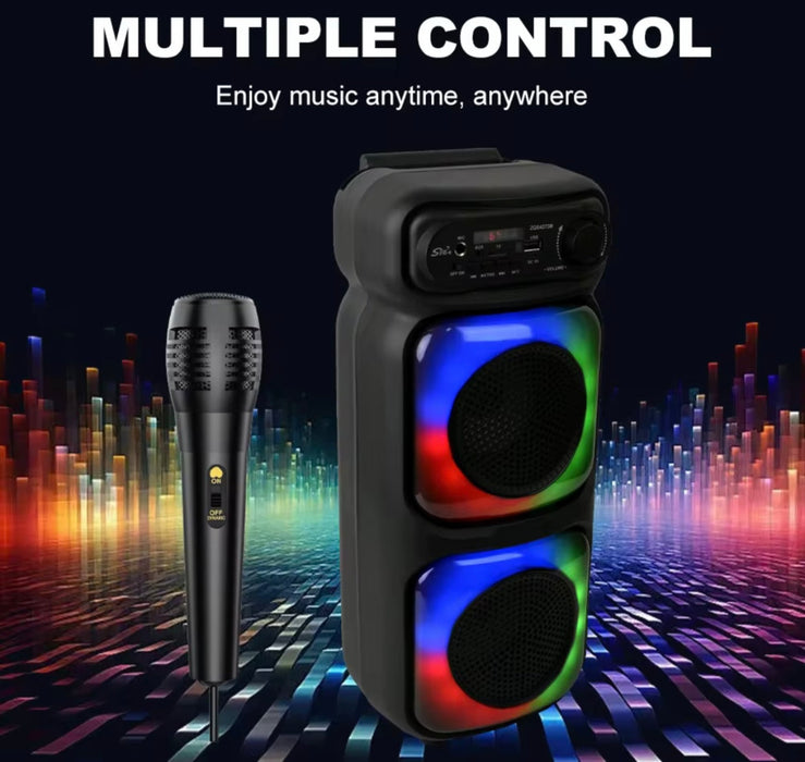 Portable speaker with microphone on a colorful background, featuring text 'Multiple Control' and 'Enjoy music anytime, anywhere'.