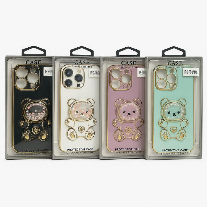 Teddy Bear Kickstand Case for iPhone 16 Pro Max – Glossy Finish with Gold Trim & Pearl Details