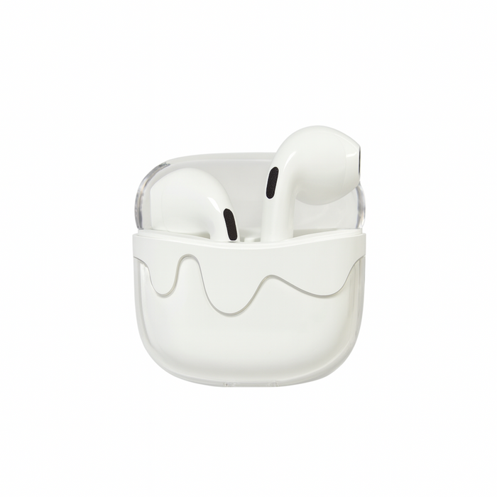 White wireless earbuds in a matching charging case on a white background
