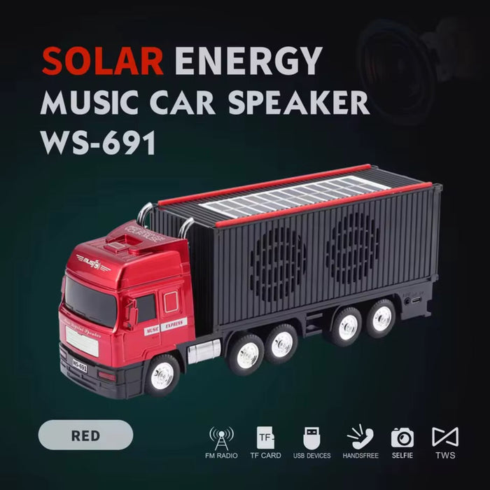 Red and black solar energy music car speaker with text on a dark background