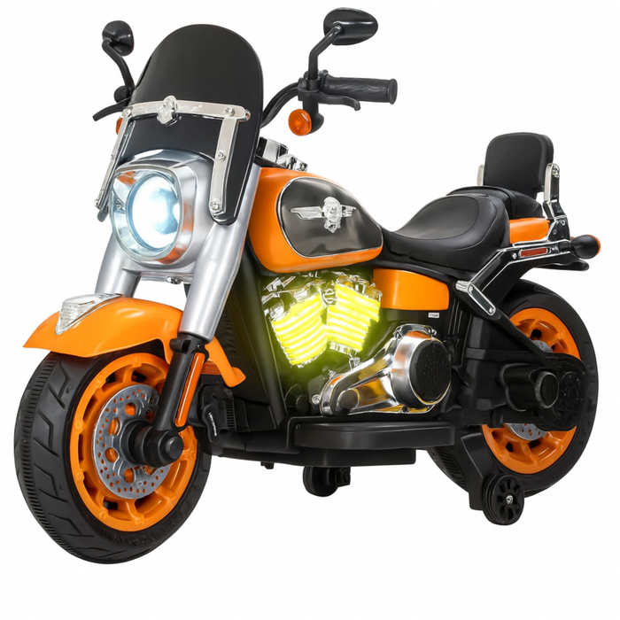 Toy motorcycle with orange and black colors on a white background