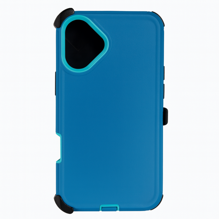 Blue phone case with black accents on a white background