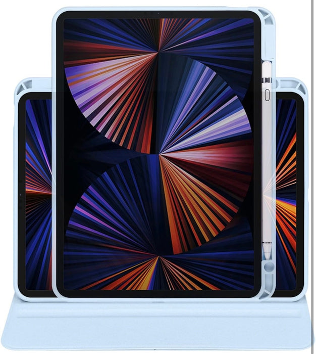 Tablet with a colorful abstract design on the screen, surrounded by a clear stand.