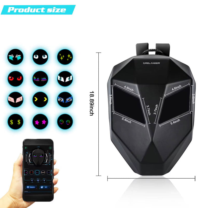 Black backpack with LED display and smartphone app interface, showing product size and features.