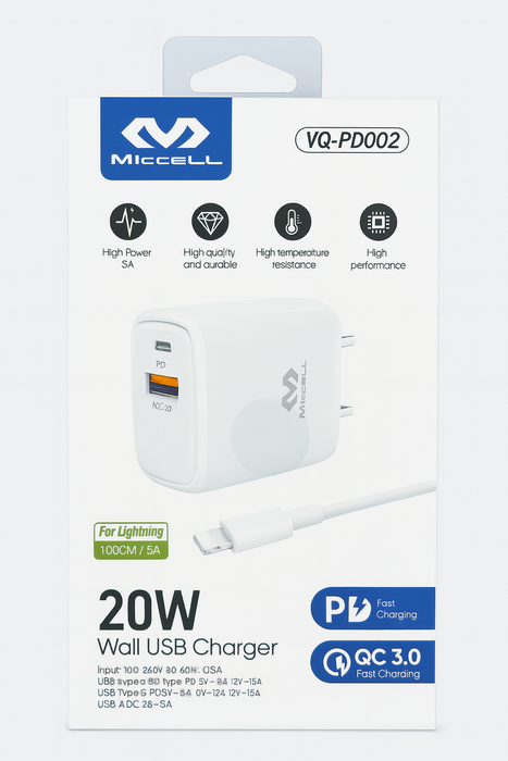 Miccell 20W Wall USB Charger with Lightning Cable – VQ-PD002 | Fast Charging PD + QC 3.0