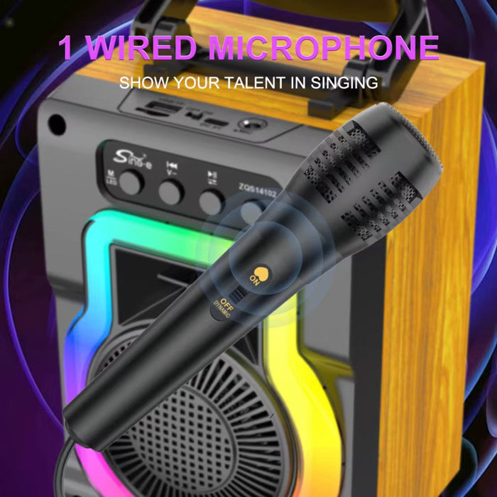 Black wired microphone in front of a colorful speaker with text '1 Wired Microphone' and 'Show your talent in singing'.
