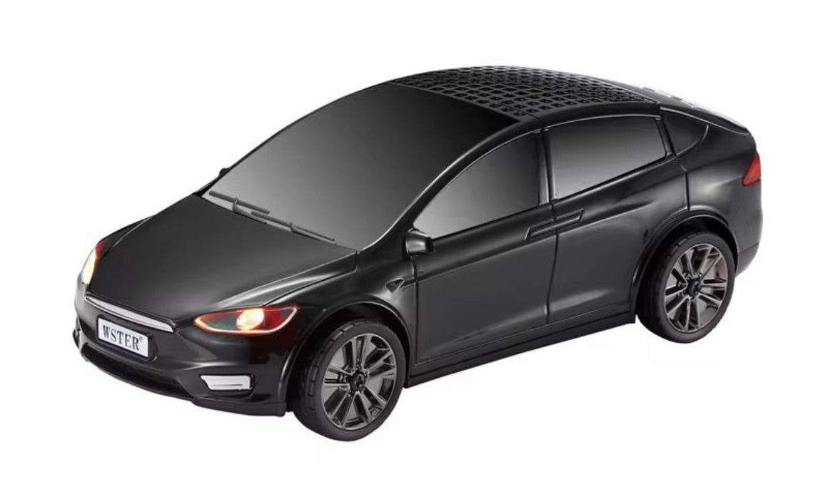 Black toy car model on a white background