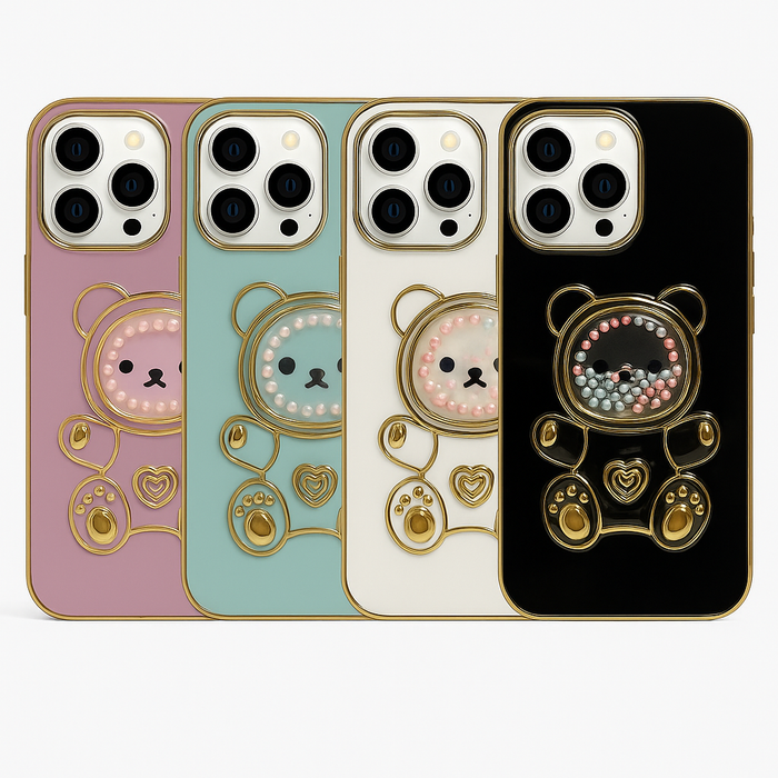 Teddy Bear Kickstand Case for iPhone 16 Pro Max – Glossy Finish with Gold Trim & Pearl Details