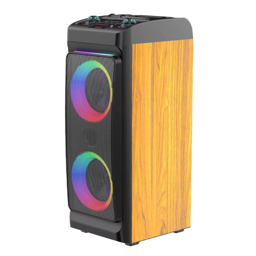 Tall electronic device with wooden side and colorful circular design on a white background