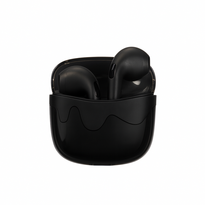 Black wireless earbuds in a charging case on a white background
