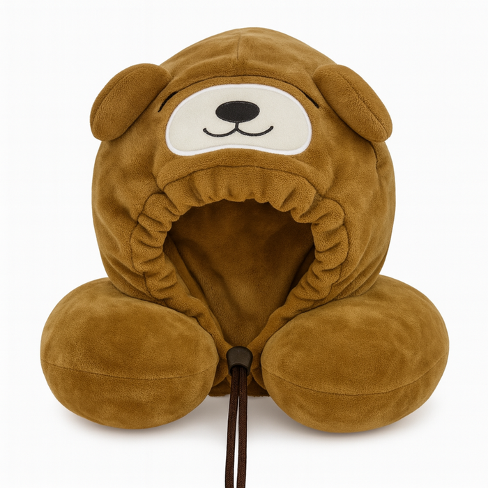 Brown bear-shaped neck pillow on a white background