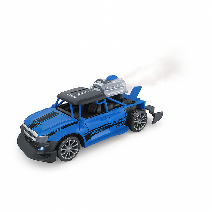 Blue toy truck with a detailed engine on a white background