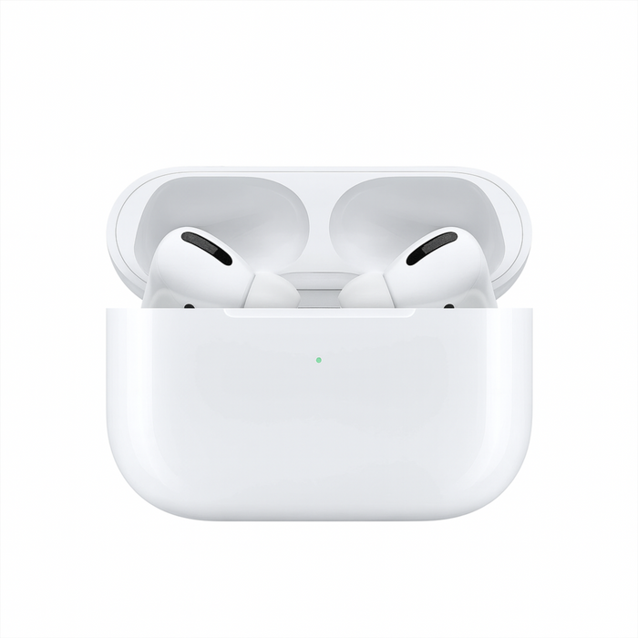White wireless earbuds in charging case on a white background