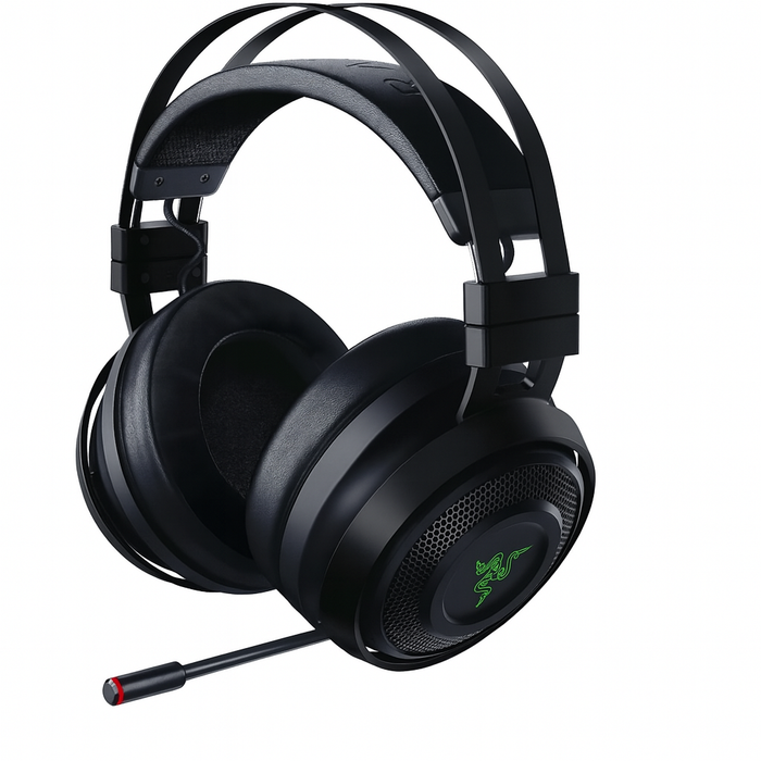 Black gaming headset with microphone on a white background